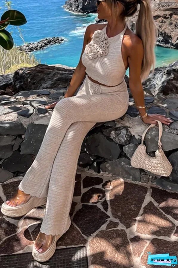 Olivian Knit Rose Applique Halter Tank and Elastic Waist Flare Pants Set