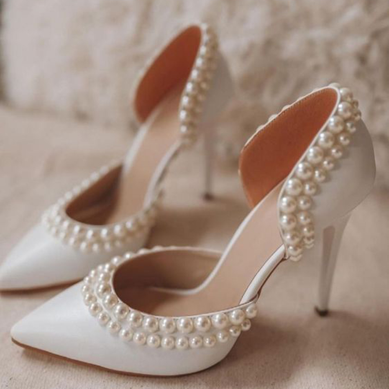 White Pointed Toe Pearl Embellished Stiletto Heel Wedding Shoes