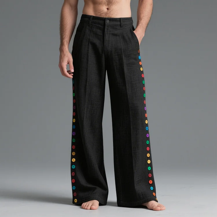 Okaywear Linen Colorful Buttons Slant Pocket Straight Leg Pants Okaywear
