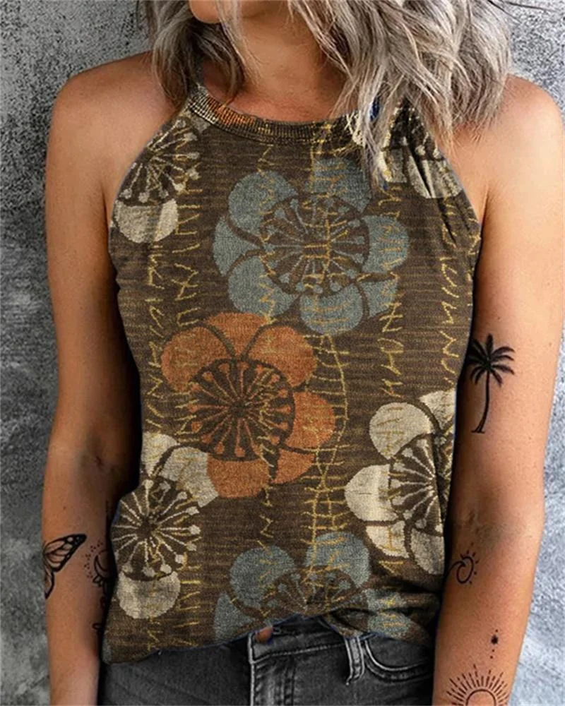 Vintage Print Halter Neck Sleeveless Tank Top