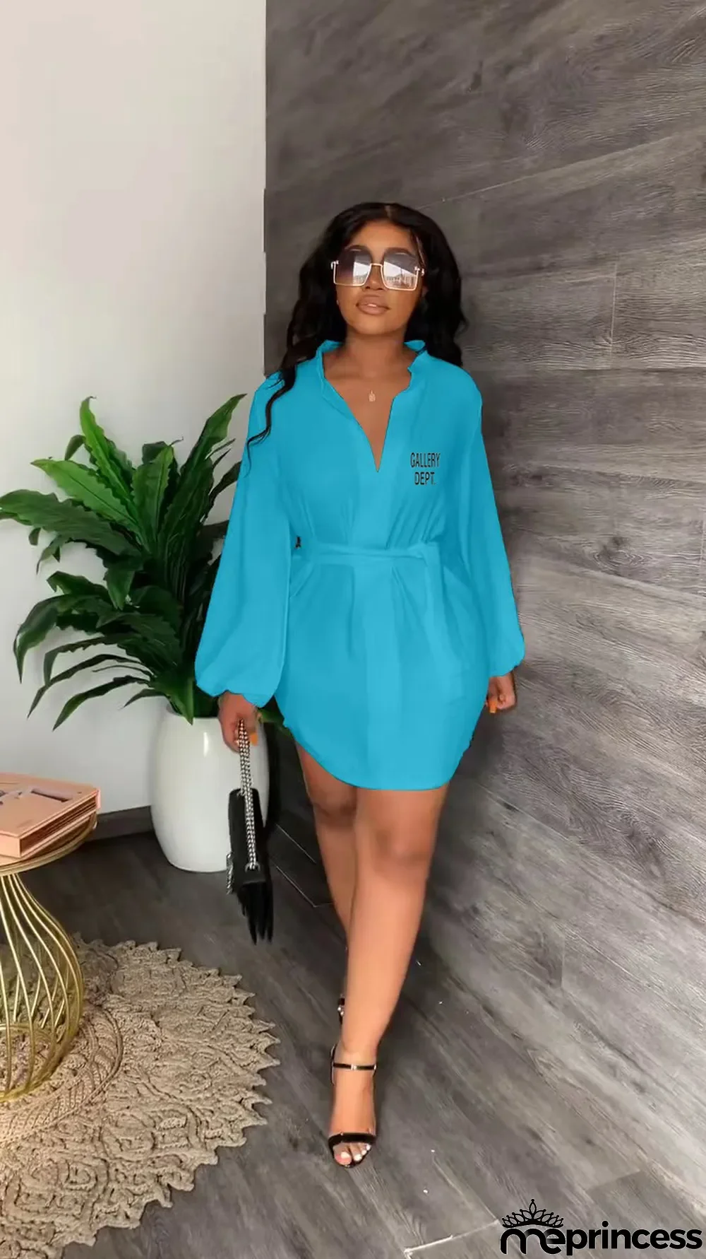 Women Printed V-Neck Casual Puff Sleeve Dress with Belt.