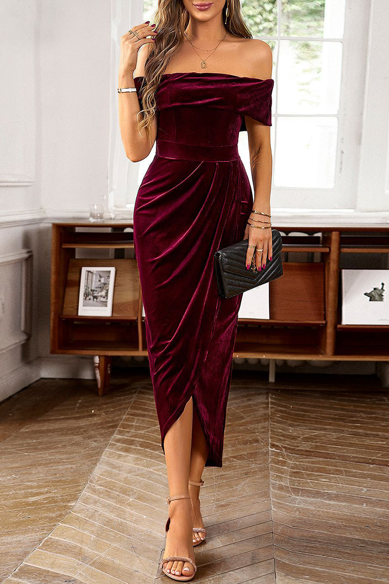 Elegant Solid Fold Off the Shoulder One Step Skirt Dresses