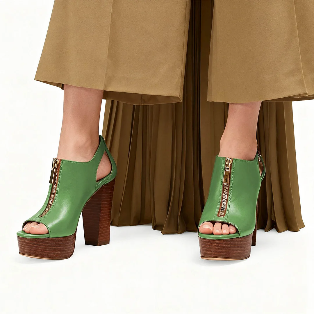Green Peep Toe Hollow-Out High Heel Platform Sandals for Women
