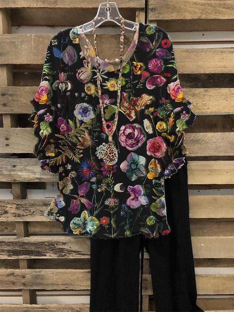 Women's Casual Multi-color Floral Print Round Neck Half-sleeve T-shirt