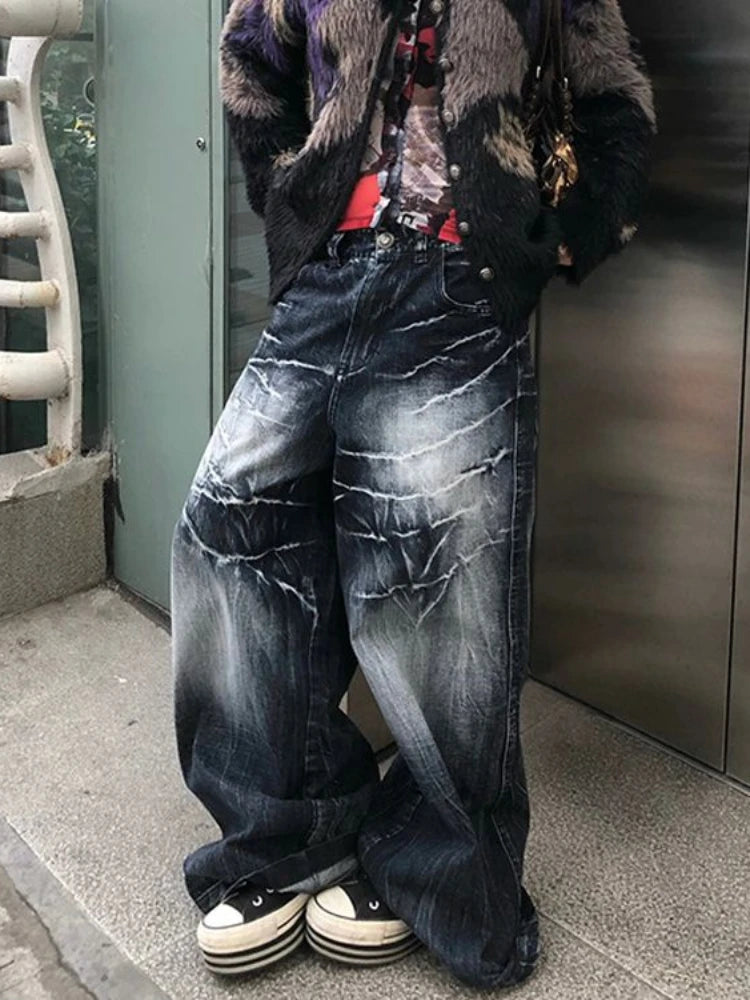 OLCooL Women Y2k Baggy Vintage Jeans Harajuku Fashion Straight Do Old Wide Leg Full Length Denim Pants Hip Hop Causal Trousers olcool