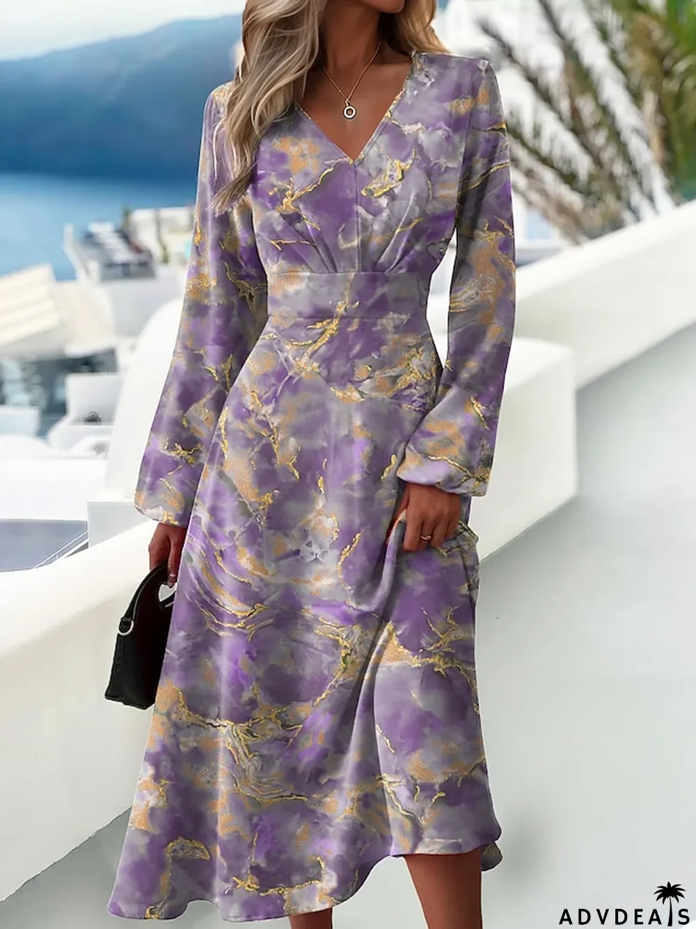 Women's Print Dress Spring\u00a0Dress Graphic Abstract Print V Neck Midi Dress Active Fashion Outdoor Daily Long Sleeve Regular Fit Blue Purple Green Spring Fall S M L XL XXL