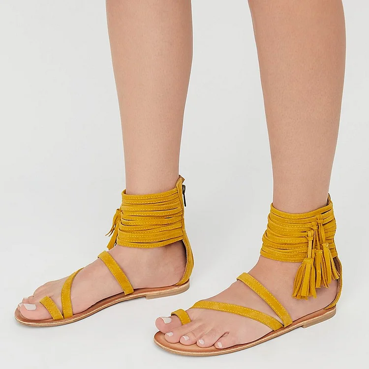 Mustard Gladiator Tassel Comfortable Flat Sandals Vdcoo