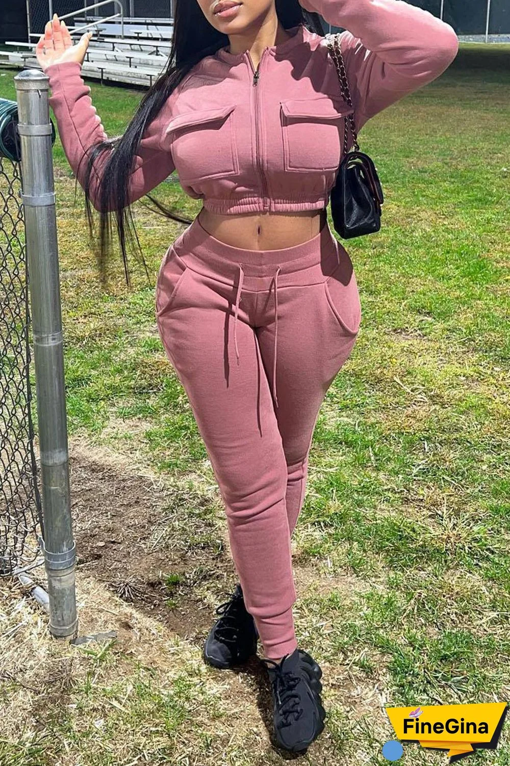 Nude Pink Casual Solid Patchwork Pocket Zipper Long Sleeve Two Pieces