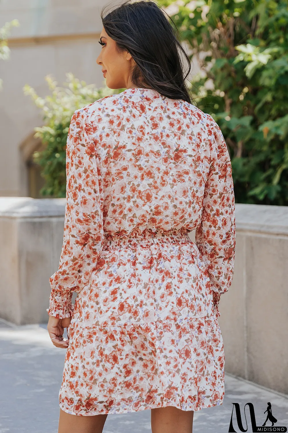 MidiSono - Red Shirred High Waist Floral Mini Dress