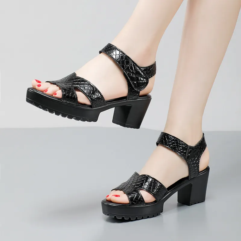 Breakj Breakj Leather High Heel Waterproof Sandals Women Fashion Crocodile Pattern Walking Shoes Summer Coarse Heel Magic Sticky H Women's Shoes