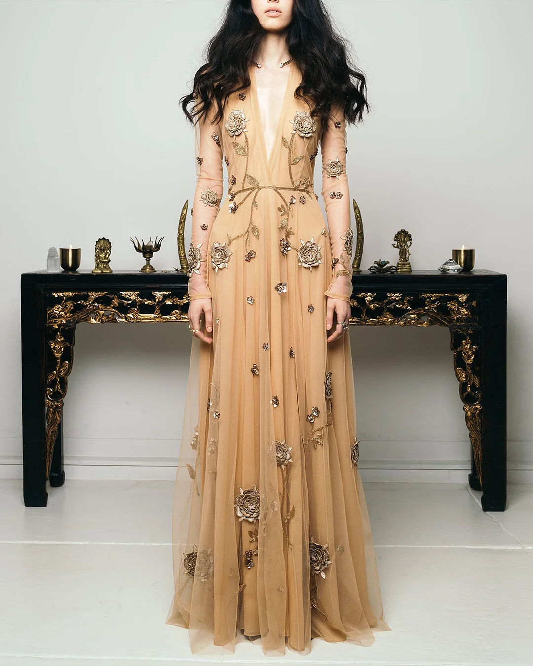 Women's V Neck Mesh Embroidery Dress