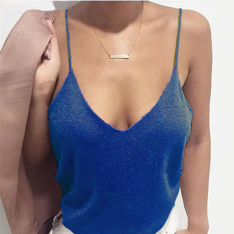 Fashion Sexy Shiny Sexy V Neck Sleeveless Loose Solid Color Camisole Top
