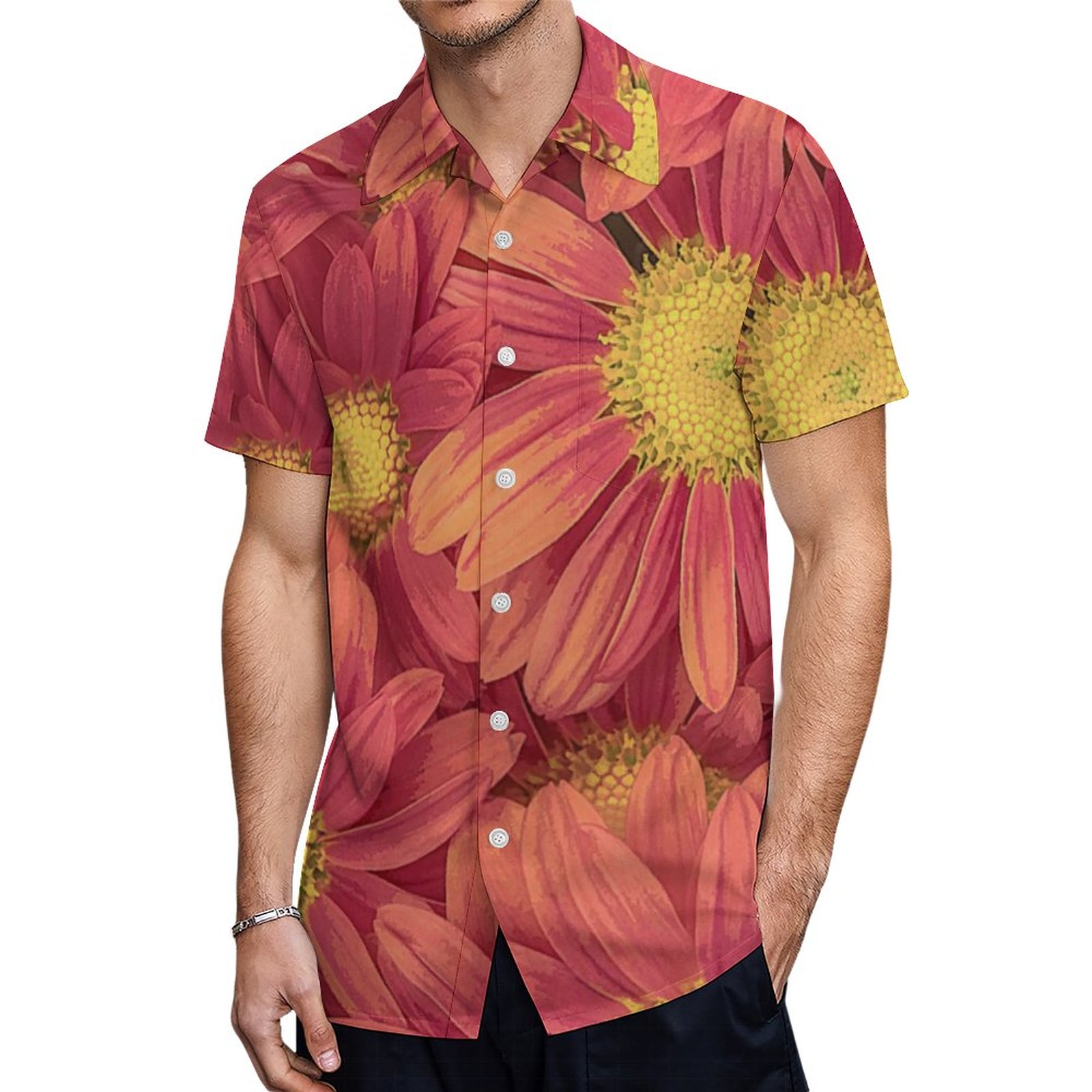 Elegant Vintage Pink Sunflowers Acrylic Artwork | Men's Tropical Print Hawaiian Beach Vacation Shirt | Hawaii Shirt Beech Shirt Hawaiian Shirt | Resort