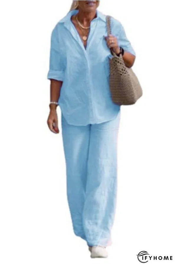 Solid Color Casual Long-sleeved Shirt and Elastic Waisted Loose Wide-leg Pants Set | IFYHOME