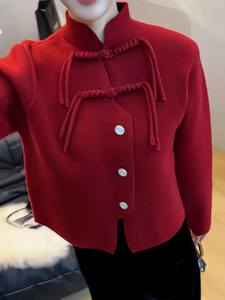 Ueong Sense Small New Chinese Style Wear A Plate Buckle Stand Collar Cardigan Sweater Female Spring Fashion Irregular Knit Jacket