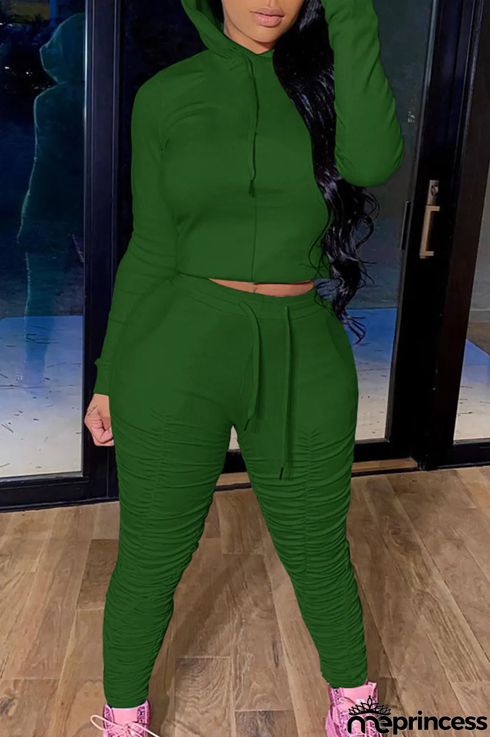 Green Fashion Solid Fold Hooded Collar Long Sleeve Two Pieces