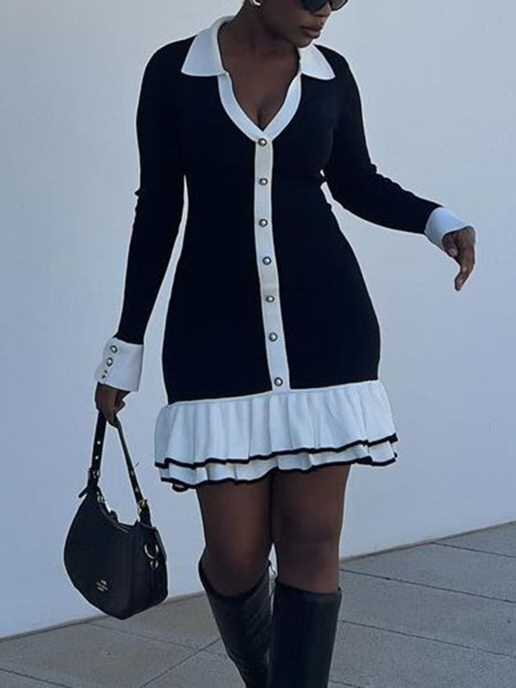 Ootddress Ruffled Bow Knit Mini Dress Women's Summer Backless Contrast Cardigan Lace-Up Elegant Dress Female Knitwear Bandage Dress