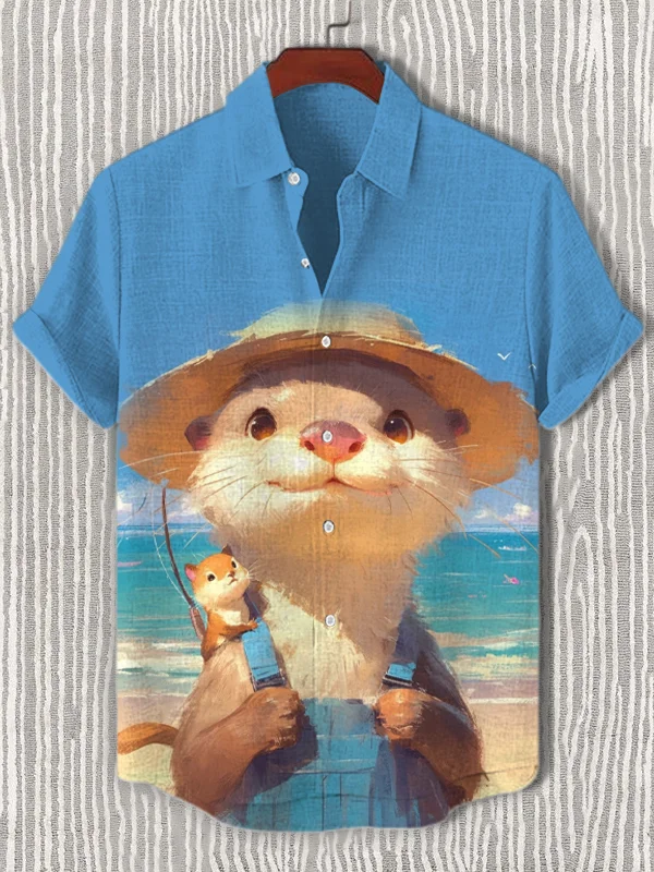 Men's Straw Hat Otter Travel Vacation Art Print Casual Shirt