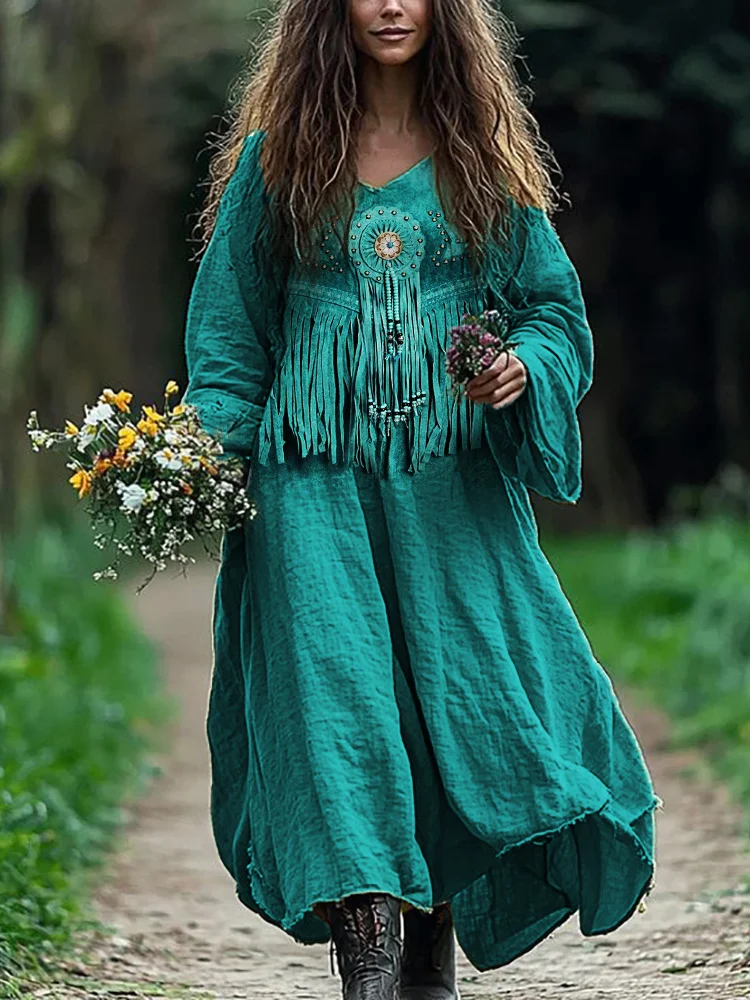 Western Turquoise Beaded Tassels Flowy Linen Blend Maxi Dress