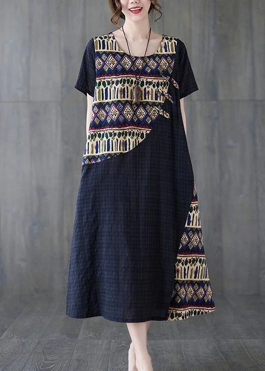 DIY Blue O-Neck asymmetrical design Summer Cotton Dress