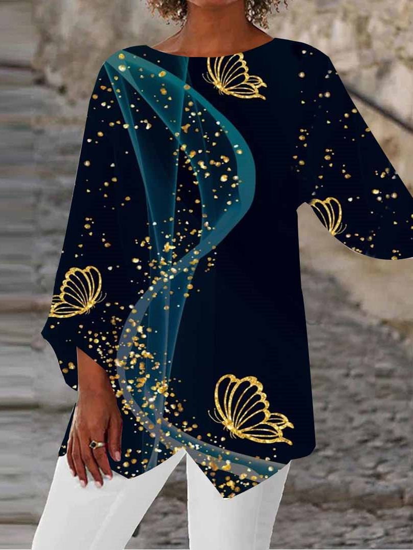 Women Asymmetrical 3/4 Sleeve Scoop Neck Printed Tops