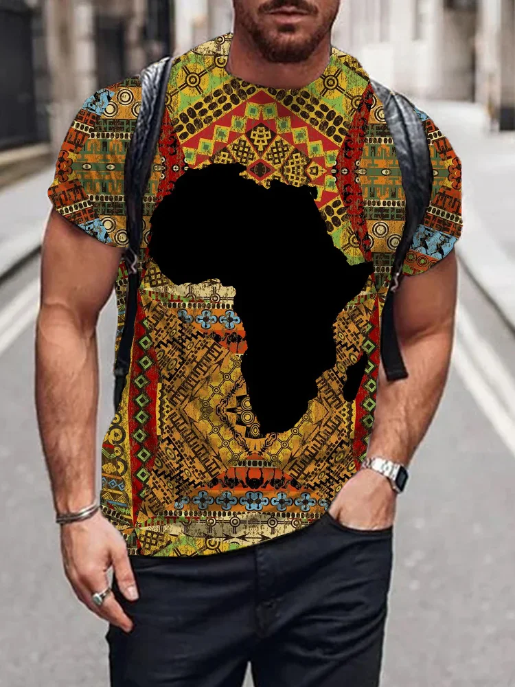 Comstylish Men's Africa Map Ethnic Graphic Round Neck T Shirt