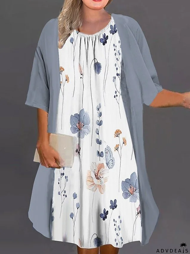 Women's Plus Size Casual Dress Graphic Floral Midi Dress Half Sleeve Print Crew Neck Fashion Daily White Pink Summer