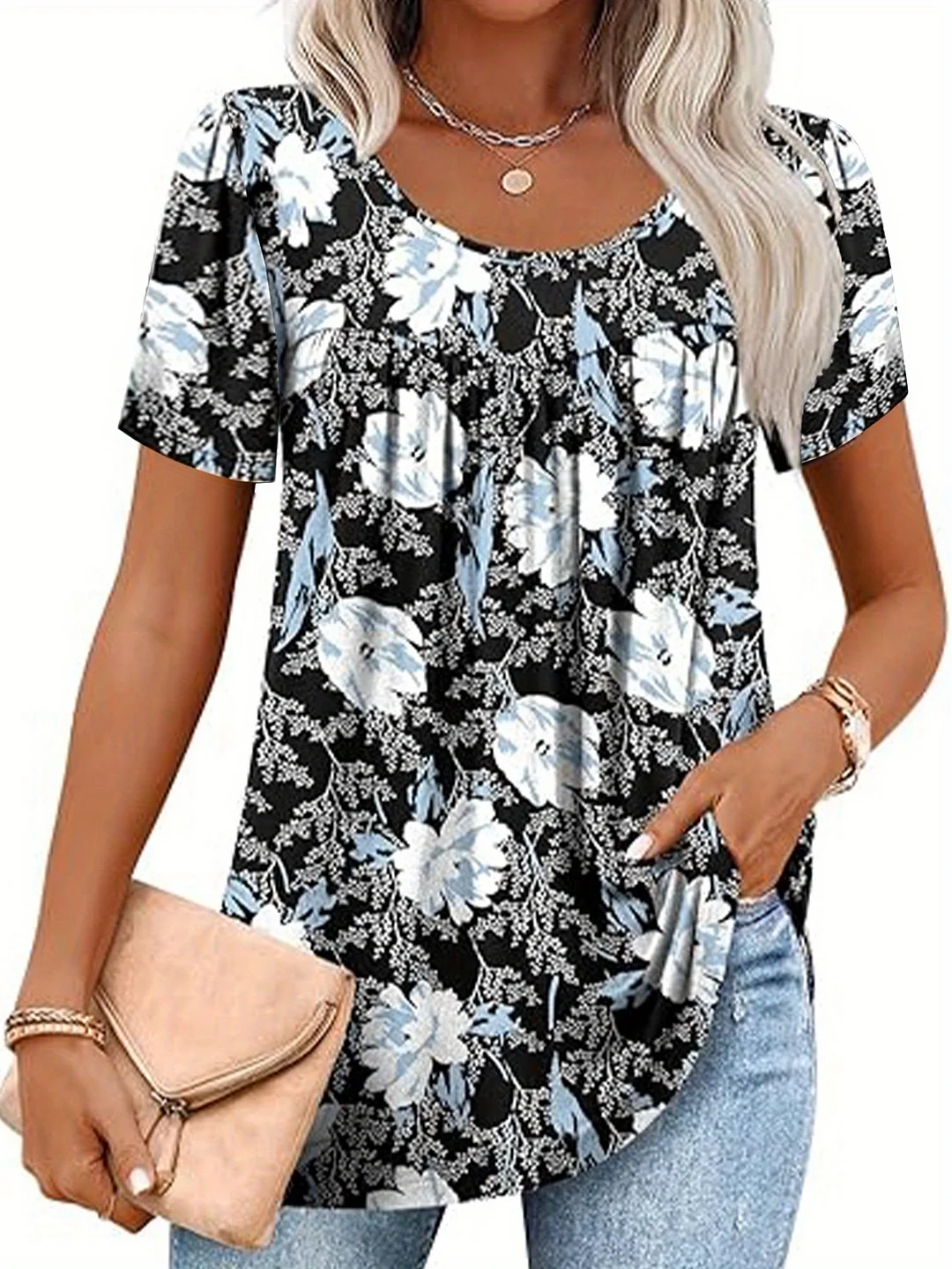 Women's Floral Print Round Neck T-Shirt - Casual Short Sleeve Top With Ruched Detail, Perfect For Spring/Summer, Black And White Floral Design, Casual Summer Top | Floral Print Top | Construction, Floral Print Blou | IFYHOME