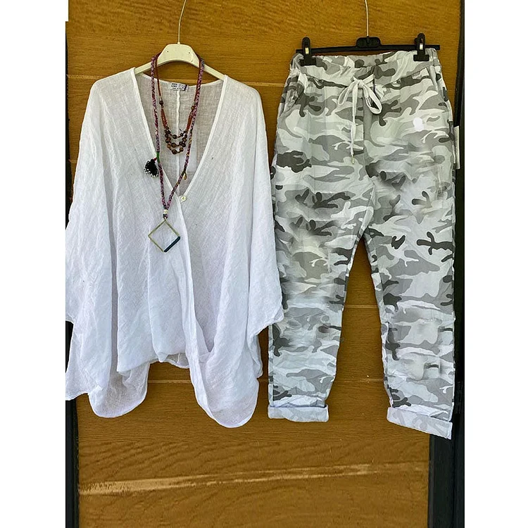 V-neck long-sleeved irregular top camouflage trousers two-piece women's set socialshop