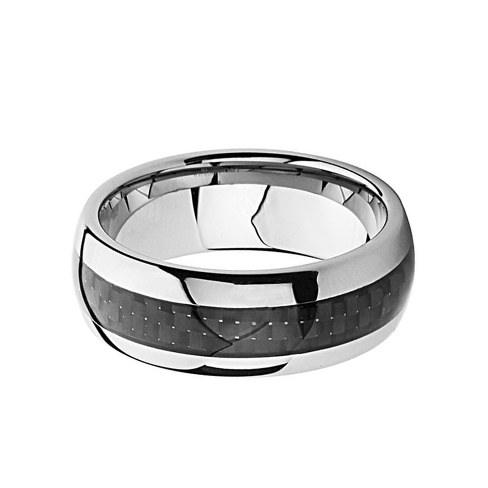 8MM Domed High Polished Silver Men Tungsten Carbide Rings Black Carbon Fiber Inlay Comfort Fit