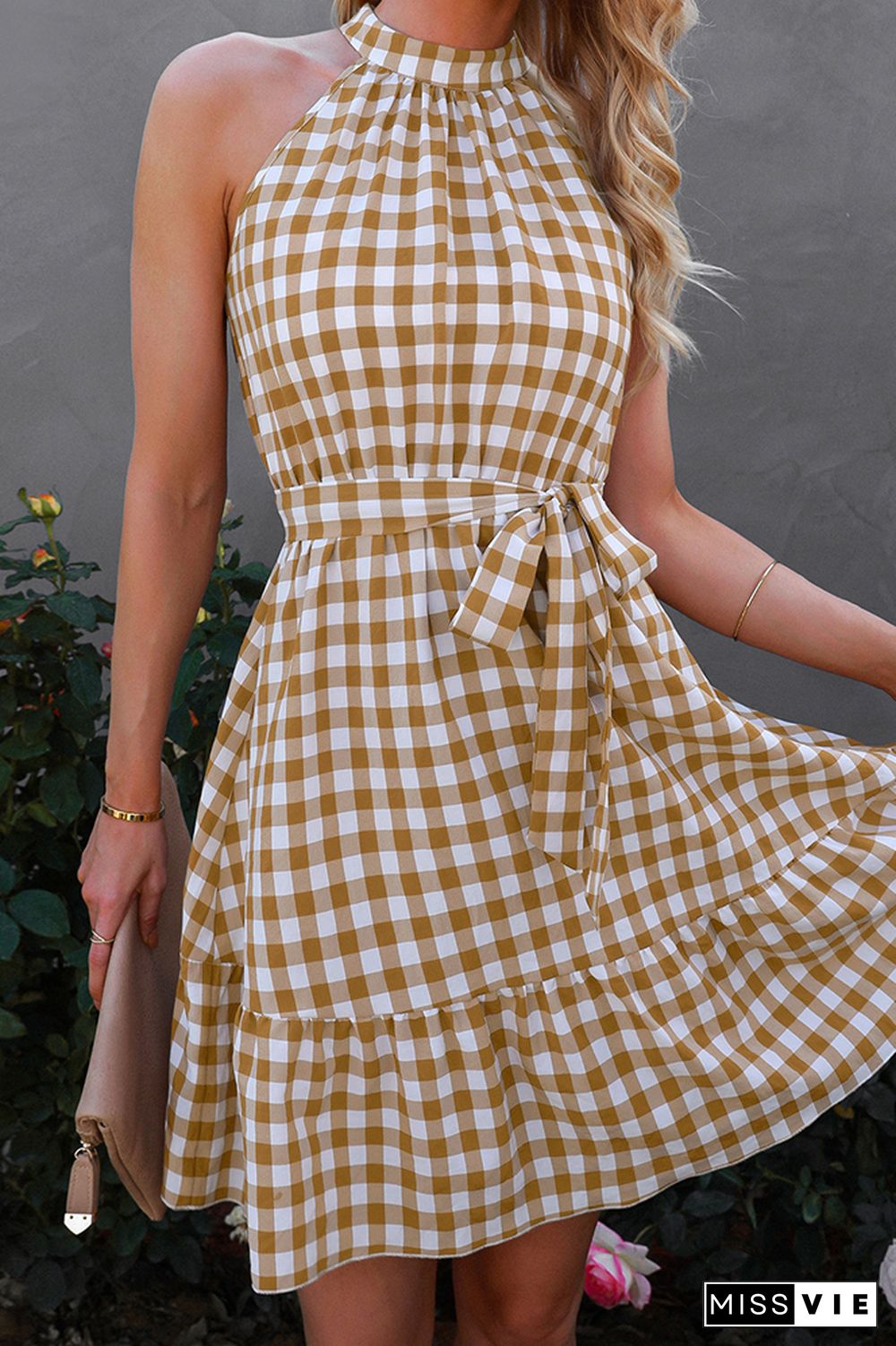 Halter Sleeveless Plaid Midi Dress Wholesale