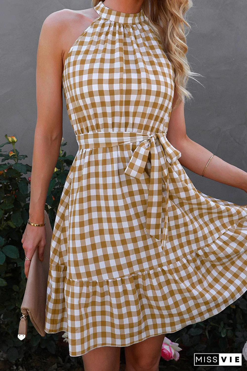Halter Sleeveless Plaid Midi Dress Wholesale