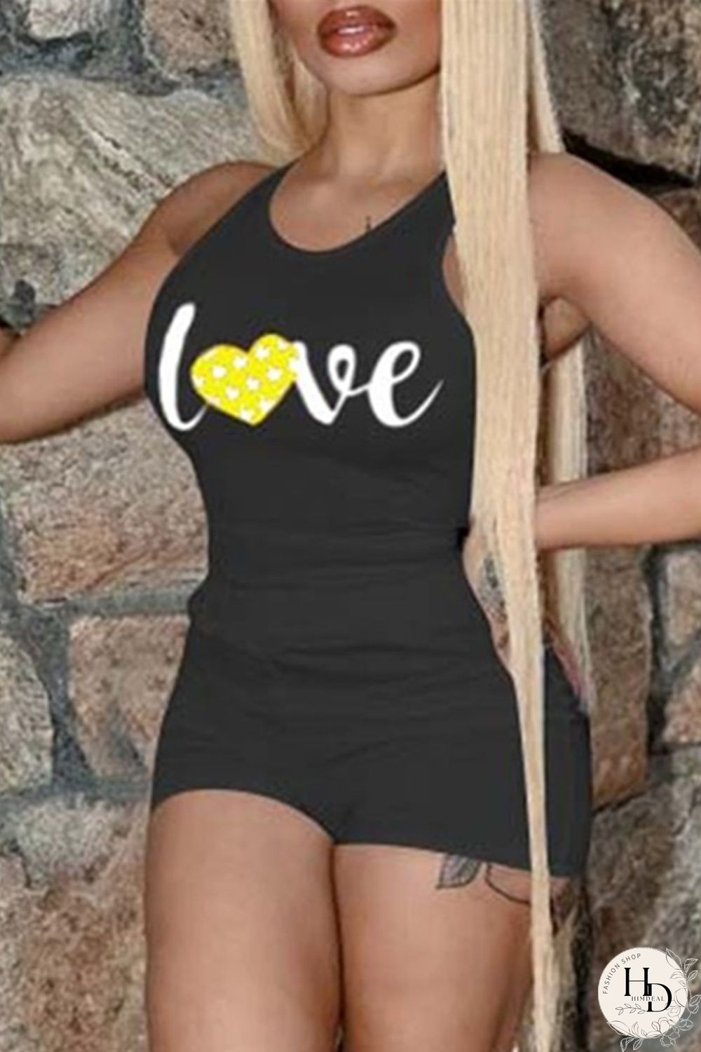 Black Fashion Casual Letter Print Basic O Neck Sleeveless Two Pieces