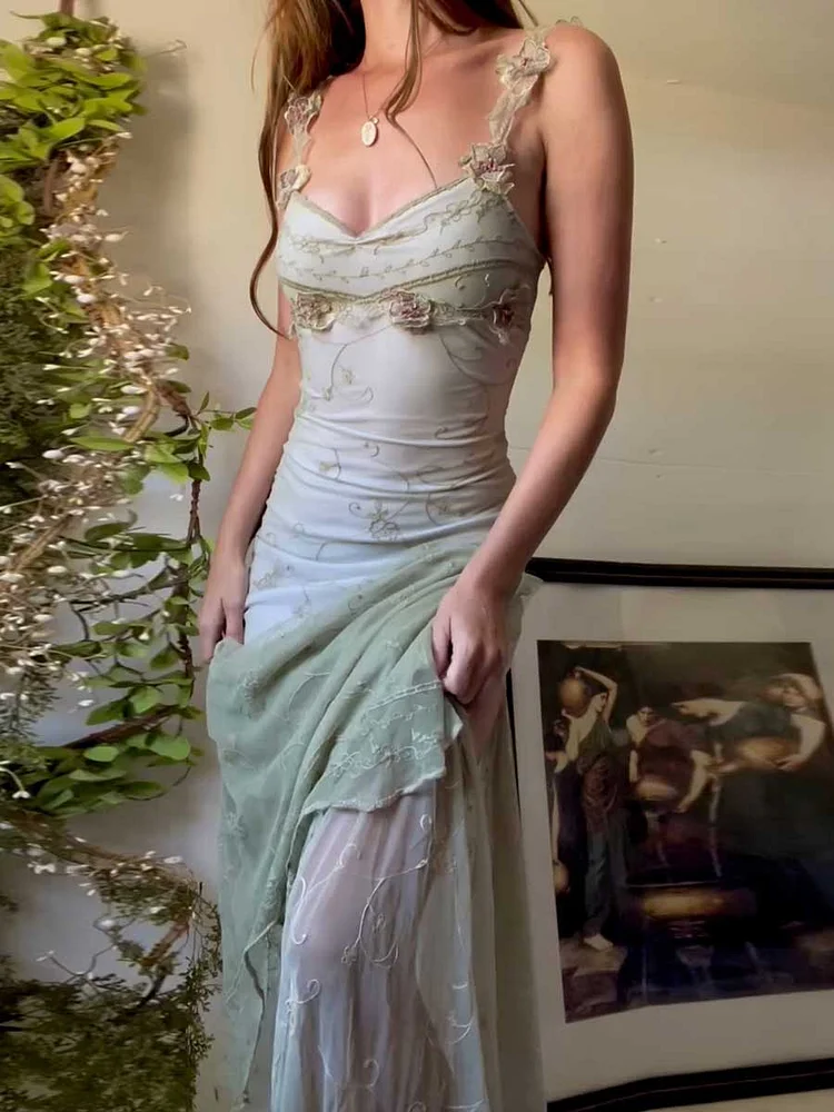 Shiny Sequinned Flower Embroidered Mesh Spaghetti-Neck Sleeveless Ruffled Maxi Dresses Fairytale Dress