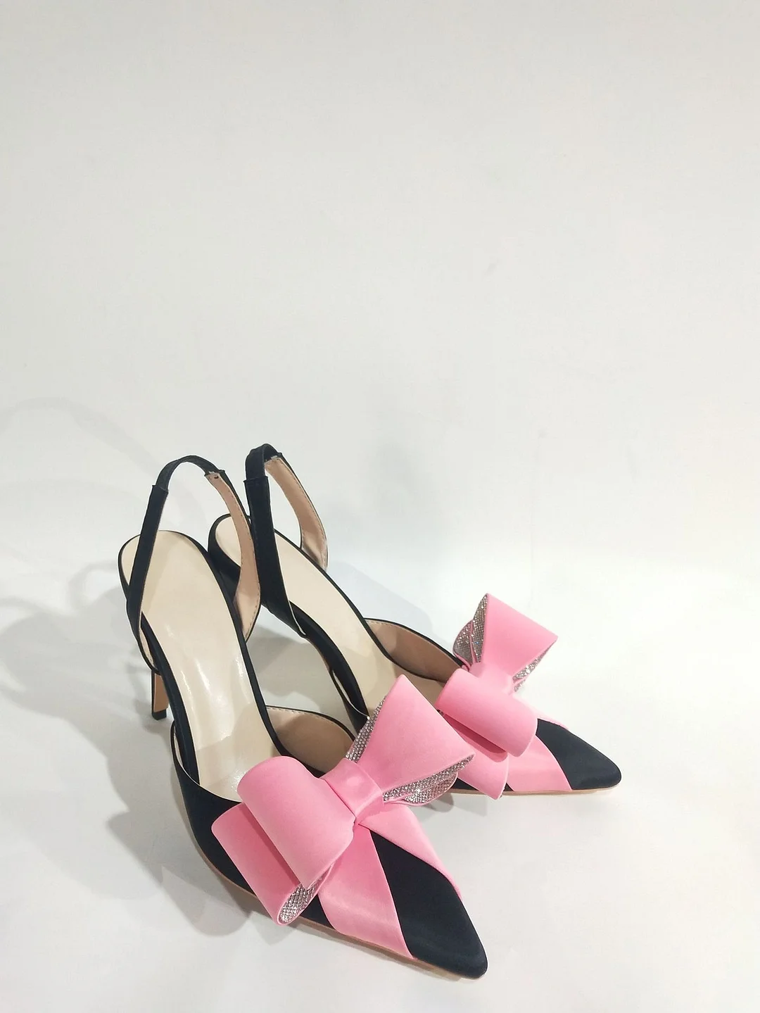 Yyvonne Yyvonne New Pointed Thin Heel Ultra High Heel Bow Rhinestone Head Large Size Hollow Rear Empty Sandals Woman