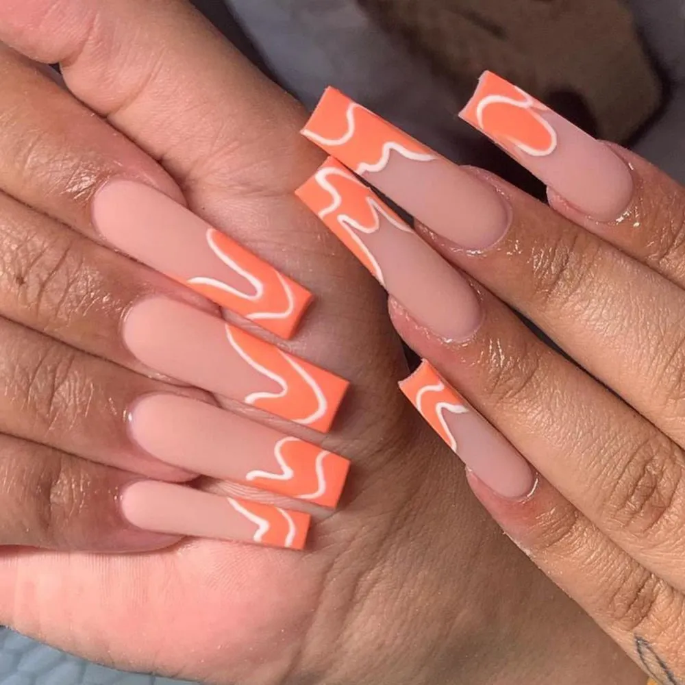 24pcs Long Coffin False Nails Wearable Ballerina Fake Nails Orange gradient gold foil nails Full Cover Nail Tips Press On Nails-Nail Inspo