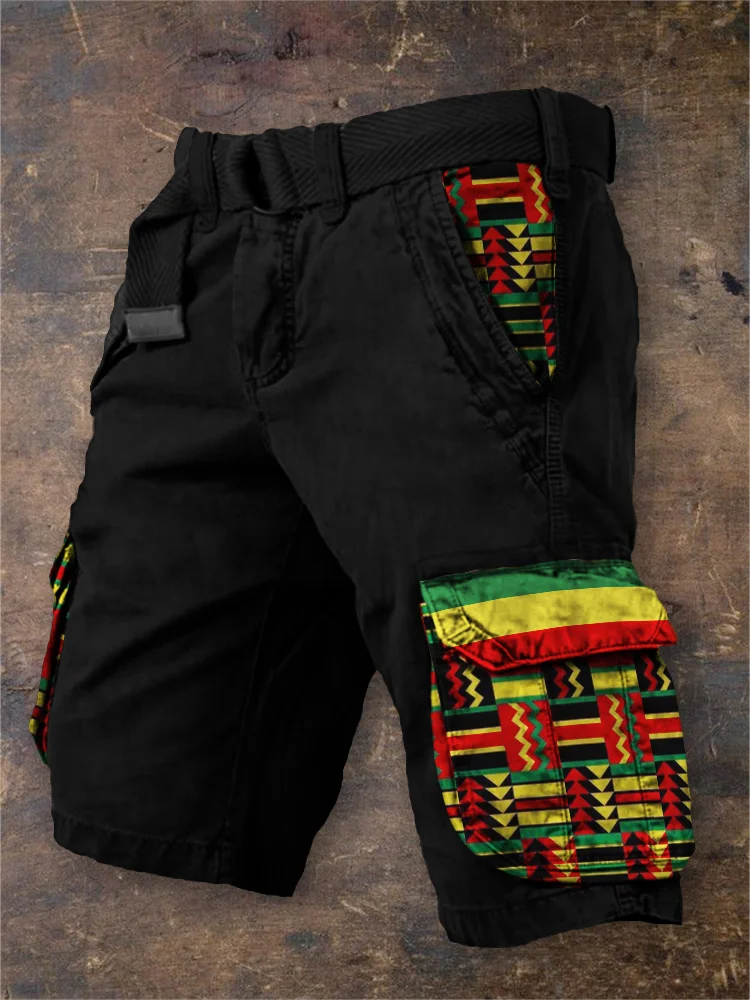 Comstylish Men's Kente Pattern Patchwork Rasta Stripe Cargo Shorts