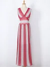 Striped Color-Block Deep V-Neck Pleated Maxi Dress