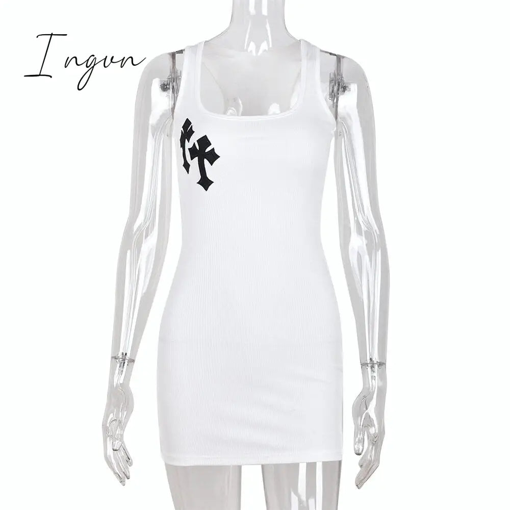 Ingvn - Cross Print White Sexy Dress For Women Summer Sleeveless Square Collar Tank Mini Casual
