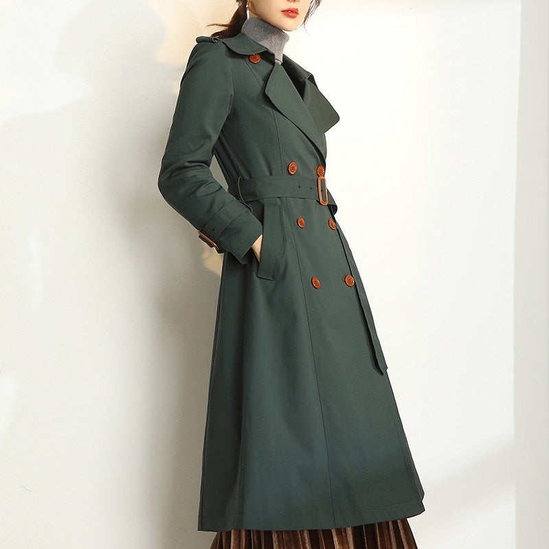 Dark Green Windbreaker Womens Long Spring and Autumn New British Style Temperament Drape