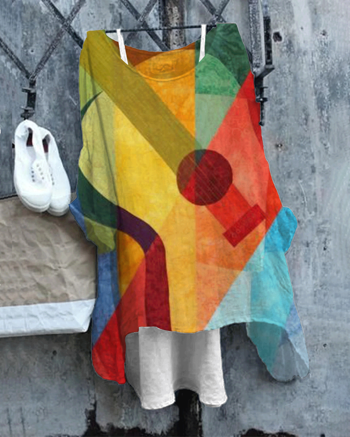 Women's Vintage Colorful Guitar Print Linen Blend Flowy Tunic