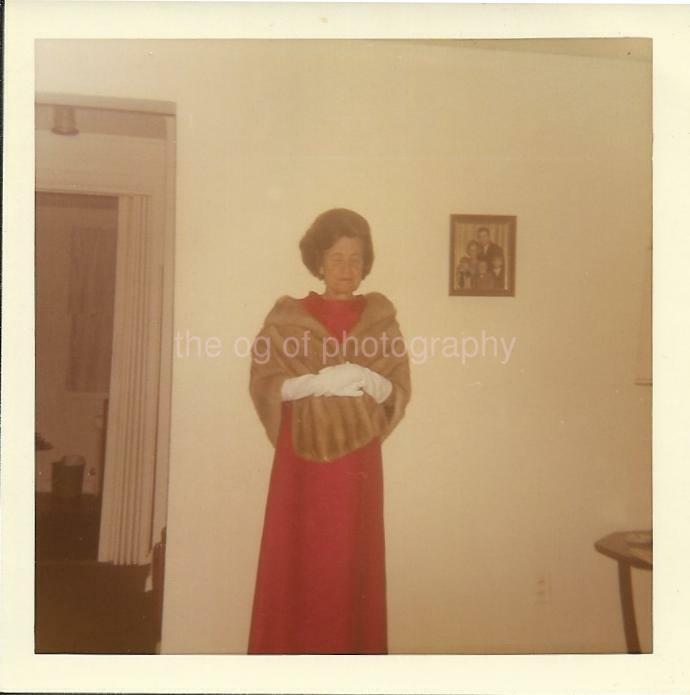 FOUND Photo Poster painting Color FACELESS WOMAN IN RED WEARING WHITE GLOVES AND A MINK19 9 A