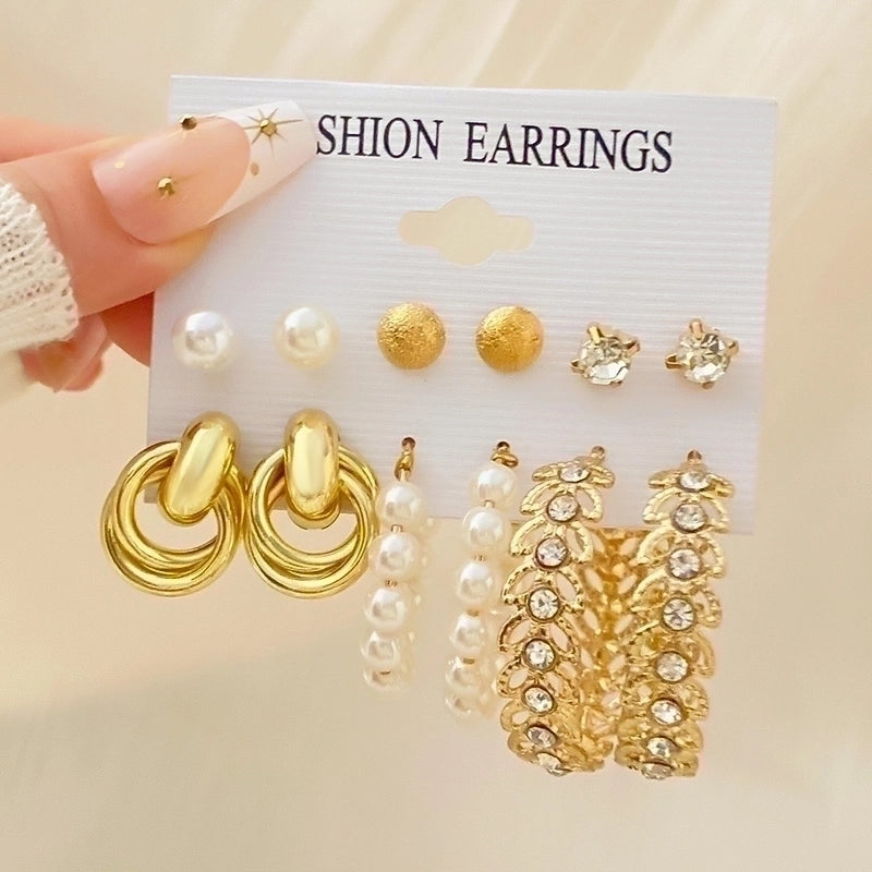 Retro Round Alloy Plating Artificial Pearls Women’s Earrings Ear Studs 6-piece Set