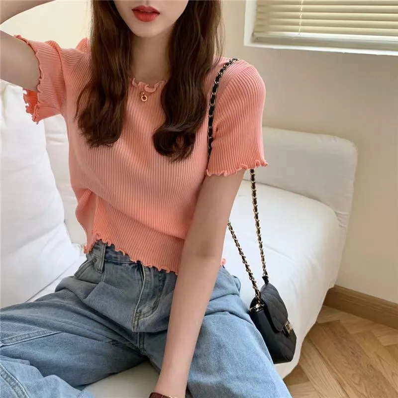 T-shirts Women Summer Lovely Korean Preppy Style Basic Edible Tree Fungus Sweet Girl Solid Tops Thin Knitted Short Sleeve Skinny