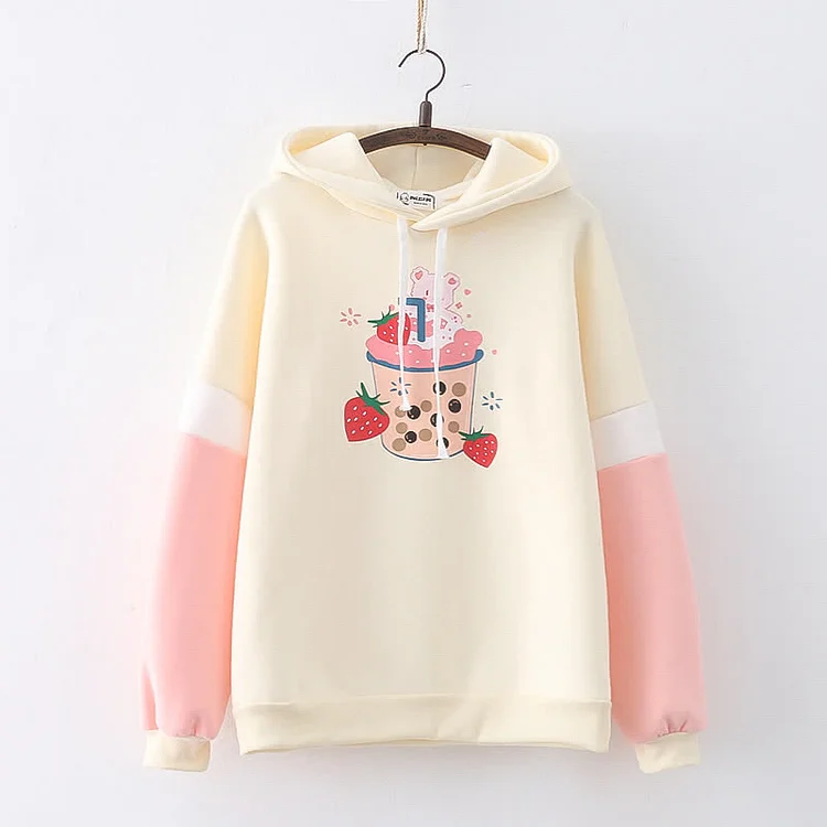Milk Tea Strawberry Print Colorblock Sleeve Plush Hoodie - Modakawa modakawa