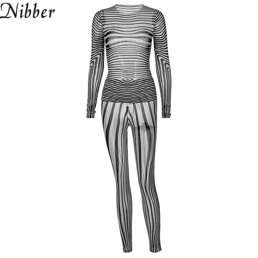 Nibber See Through Fall Women 2Two Pieces Set Fashion Black Fringes Print Long Sleeves Top Legging Sexy Y2K Streetwear Slim Suit