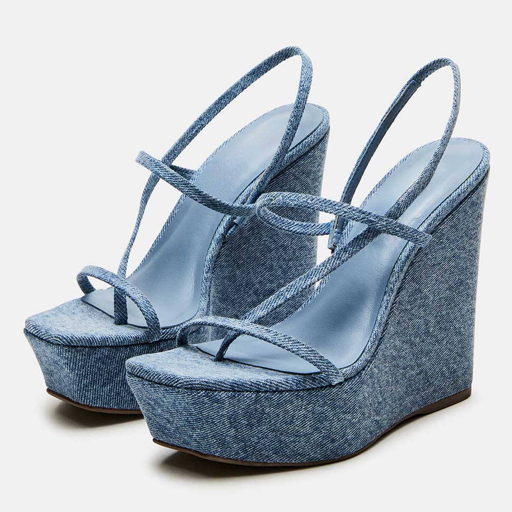 Women's Blue Denim Strappy Platform High Heels Classy Sandals Nicepairs