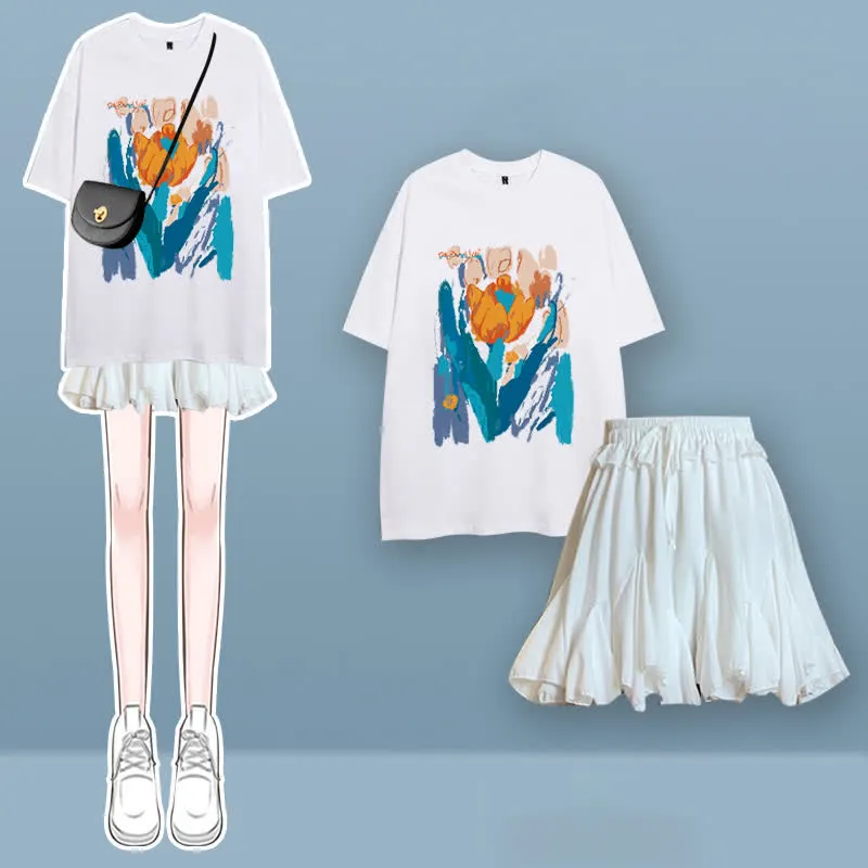 Tulip Cherry Blossom Print T-Shirt Pleated Skirt Two Pieces Set