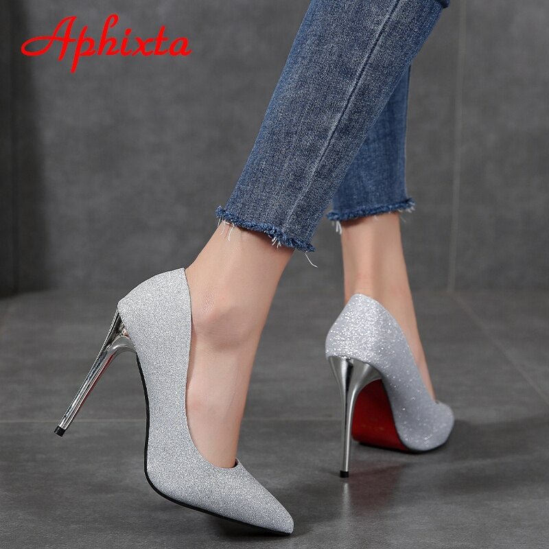 Aphixta 11cm Super High Heels Pumps Women Bling Sequined Pointed Toe Thin Heel Office Party Shoes Woman Plus Large Size 43 44