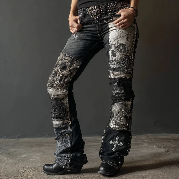 Vintage Rock Skulls & Cross Studded Patchwork Bootcut Jeans